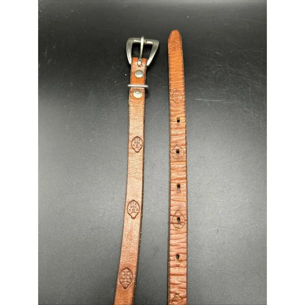 Leather Belt Womens 33 Brown Embossed Ladybug Silver tone Buckle Skinny 1/2”